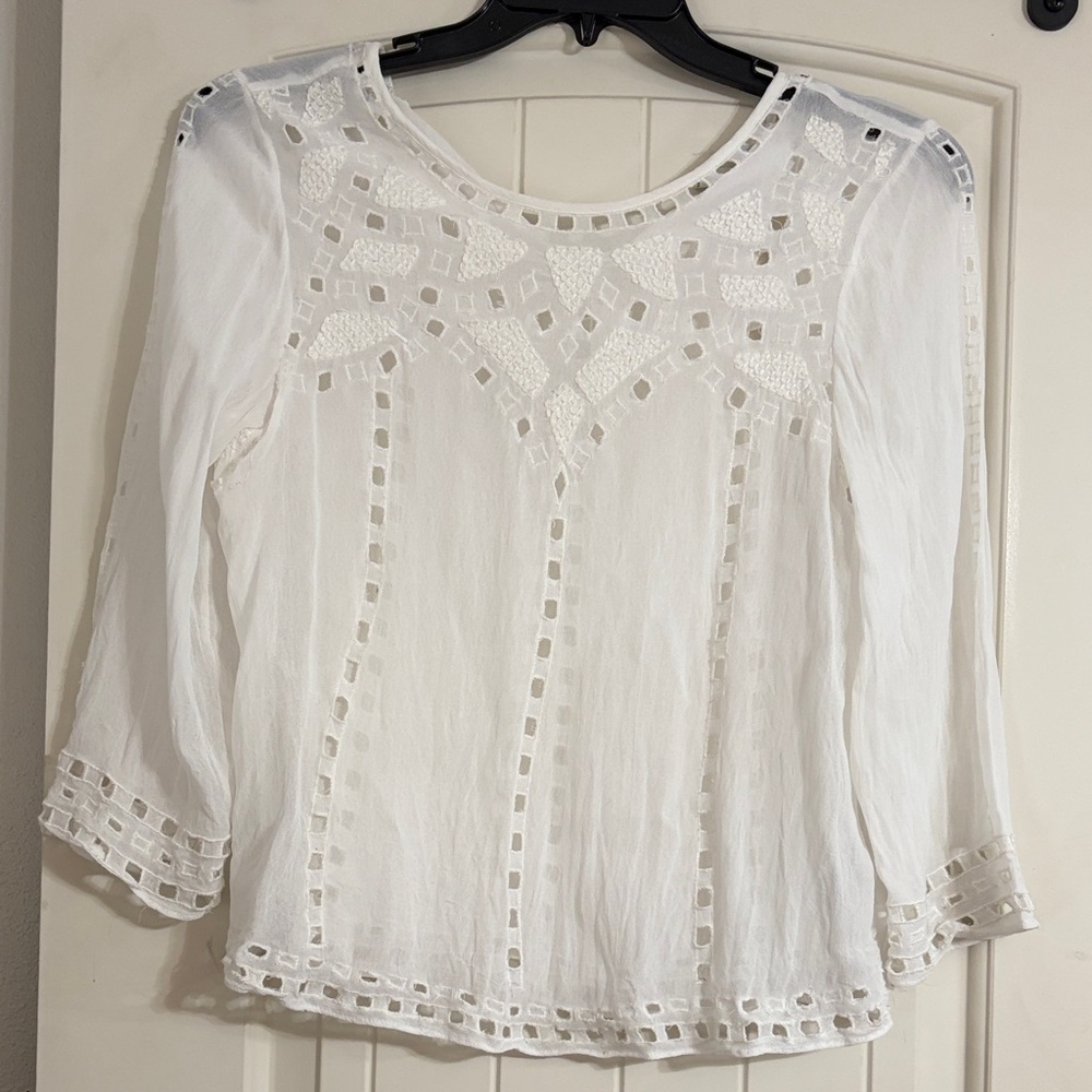 Joie White Embroidered Crochet-Detail Sheer Blouse Size L